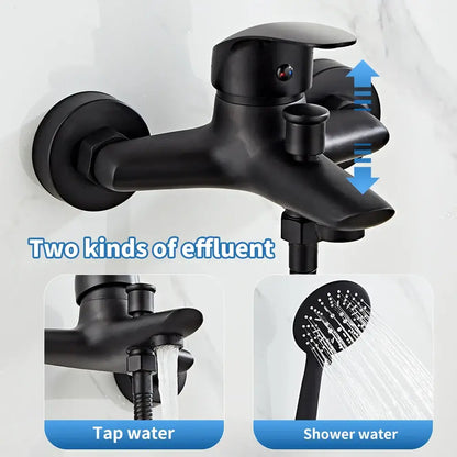 Modern black brass shower faucet set with black matte dual-function controls for tap and shower water delivery