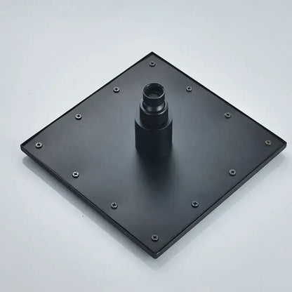 Black square mounting plate with central cylindrical fixture secured by eight screws for decorbites black brass shower faucet