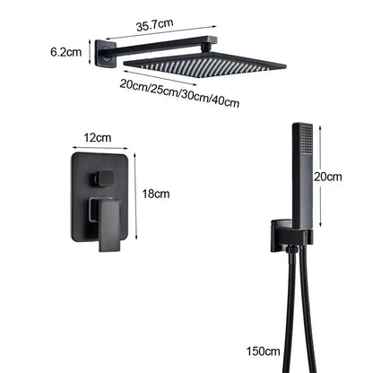 Modern black brass shower faucet featuring a black matte-finished square rainfall head with multiple spray nozzles by decorbites