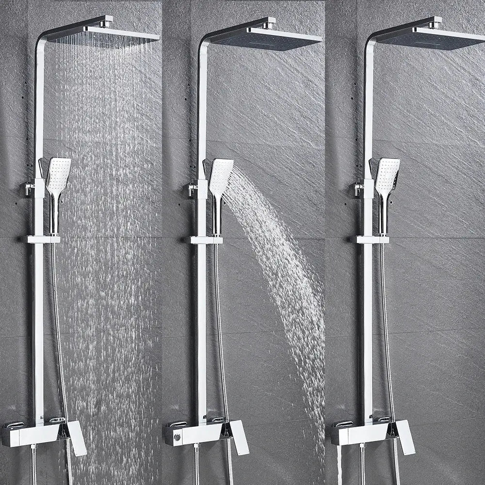 Modern black brass shower faucet with chrome finish featuring a rectangular rainhead and handheld spray nozzle decorbites black brass