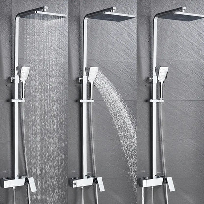 Modern black brass shower faucet with chrome finish featuring a rectangular rainhead and handheld spray nozzle decorbites black brass