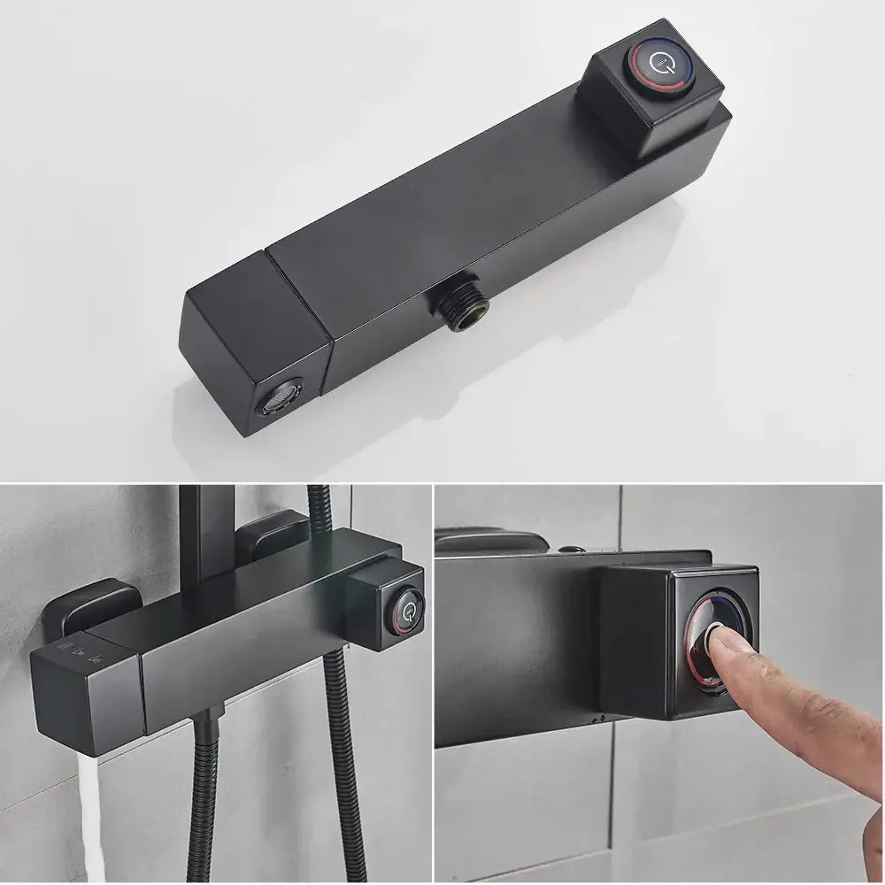 Modern black brass shower faucet with a black matte finish and red-accented circular control knob by decorbites black brass