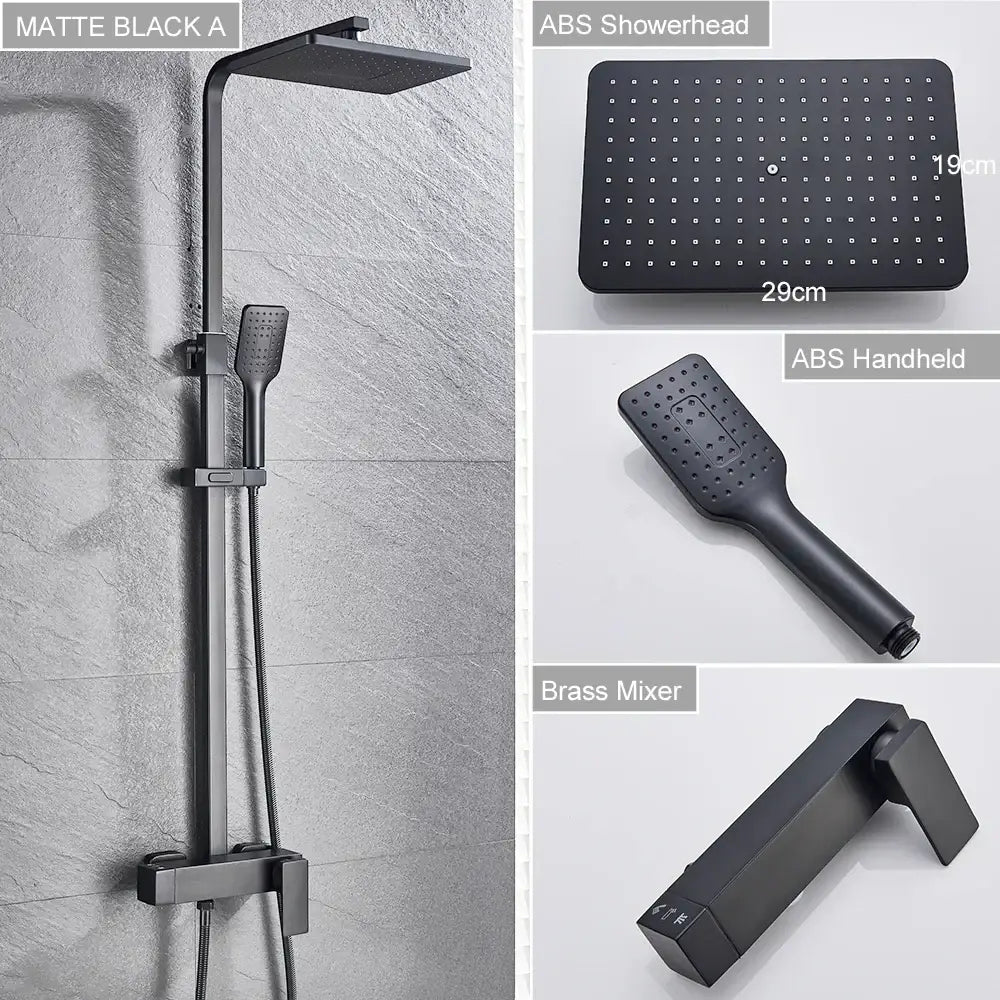 Modern black brass shower faucet with matte black finish, rectangular rainfall head, handheld spray, and brass mixer