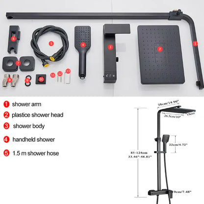 Modern black brass shower faucet with rectangular rainhead handheld nozzle and articulated arm for bathroom decorbites black brass