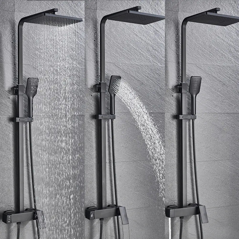 Modern black brass shower faucet with matte finish, rectangular rainhead, handheld spray, and sliding rail by decorbites black brass