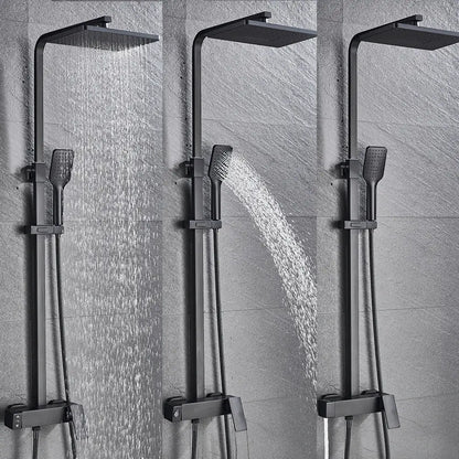 Modern black brass shower faucet with matte finish, rectangular rainhead, handheld spray, and sliding rail by decorbites black brass