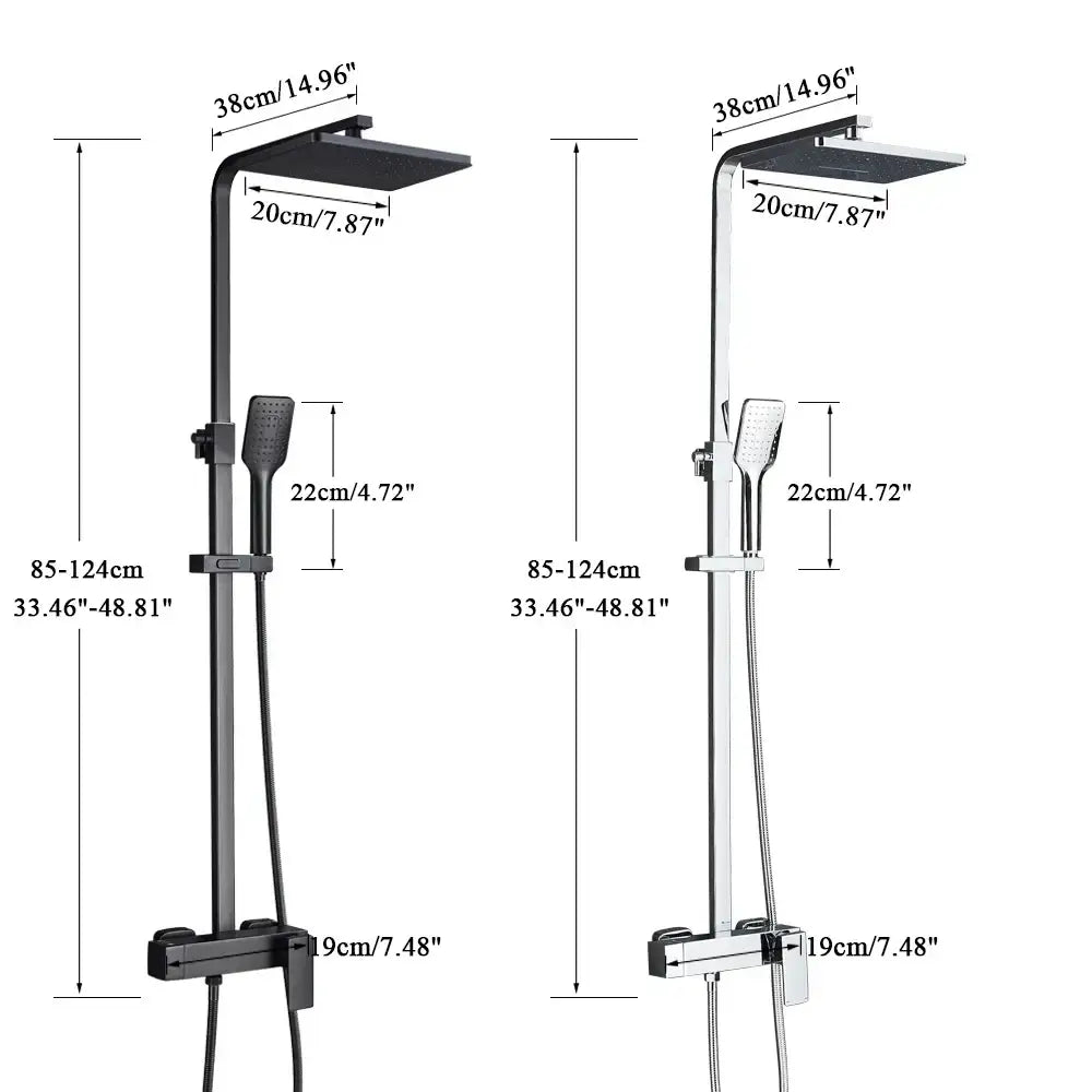 Modern black brass shower faucet with rainfall head and handheld sprayer featuring black and chrome rectangular rainheads