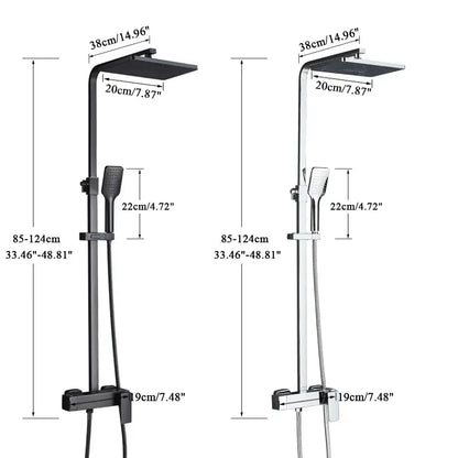Modern black brass shower faucet with rainfall head and handheld sprayer featuring black and chrome rectangular rainheads