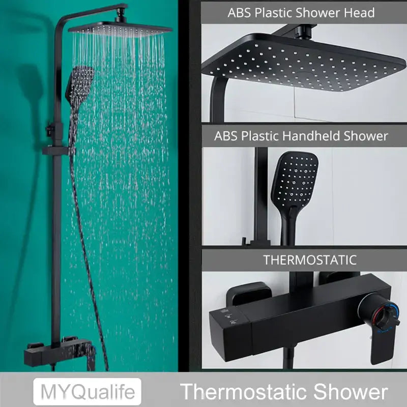 Modern black brass shower faucet with abs plastic thermostatic system square rainhead handheld shower decorbites black brass