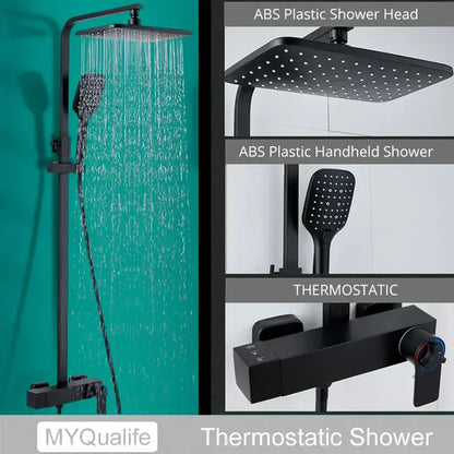 Modern black brass shower faucet with abs plastic thermostatic system square rainhead handheld shower decorbites black brass