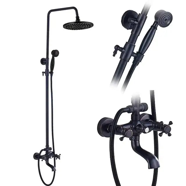 Modern black brass shower mixer faucet set featuring a black matte finish with overhead rainhead and handheld spray nozzle