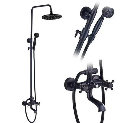 Modern black brass shower mixer faucet set featuring a black matte finish with overhead rainhead and handheld spray nozzle
