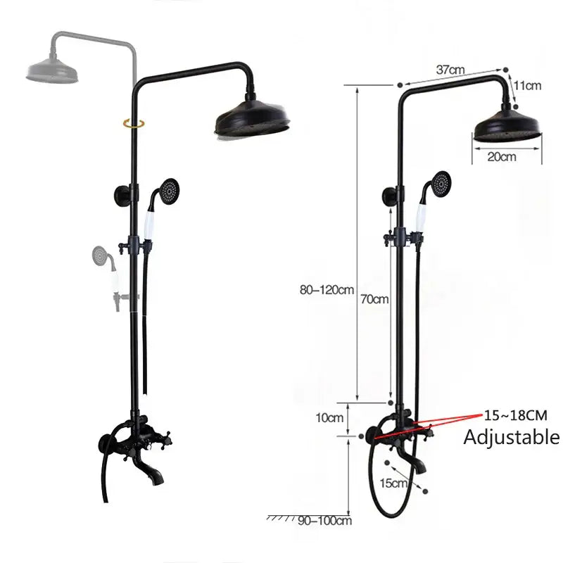 Modern black brass shower mixer faucet set with black matte finish, tall overhead rainhead, and handheld spray nozzle