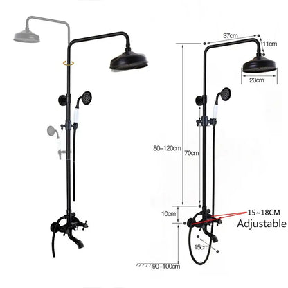 Modern black brass shower mixer faucet set with black matte finish, tall overhead rainhead, and handheld spray nozzle