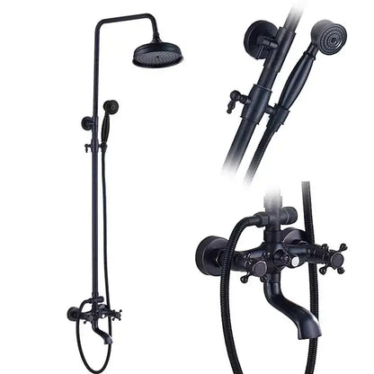 Modern black brass shower mixer faucet set with matte finish, overhead rainhead, handheld spray, and cross-handle faucet set
