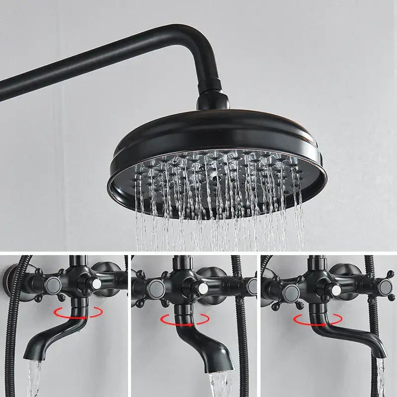Modern black brass shower mixer faucet set with matte finish and three water flow settings in the faucet set