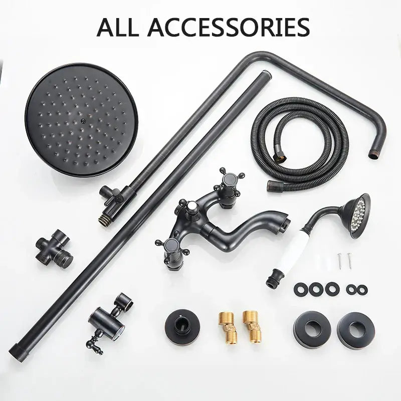 Modern black brass shower mixer faucet set with matte finish includes round rainhead handheld showerhead and vintage faucet