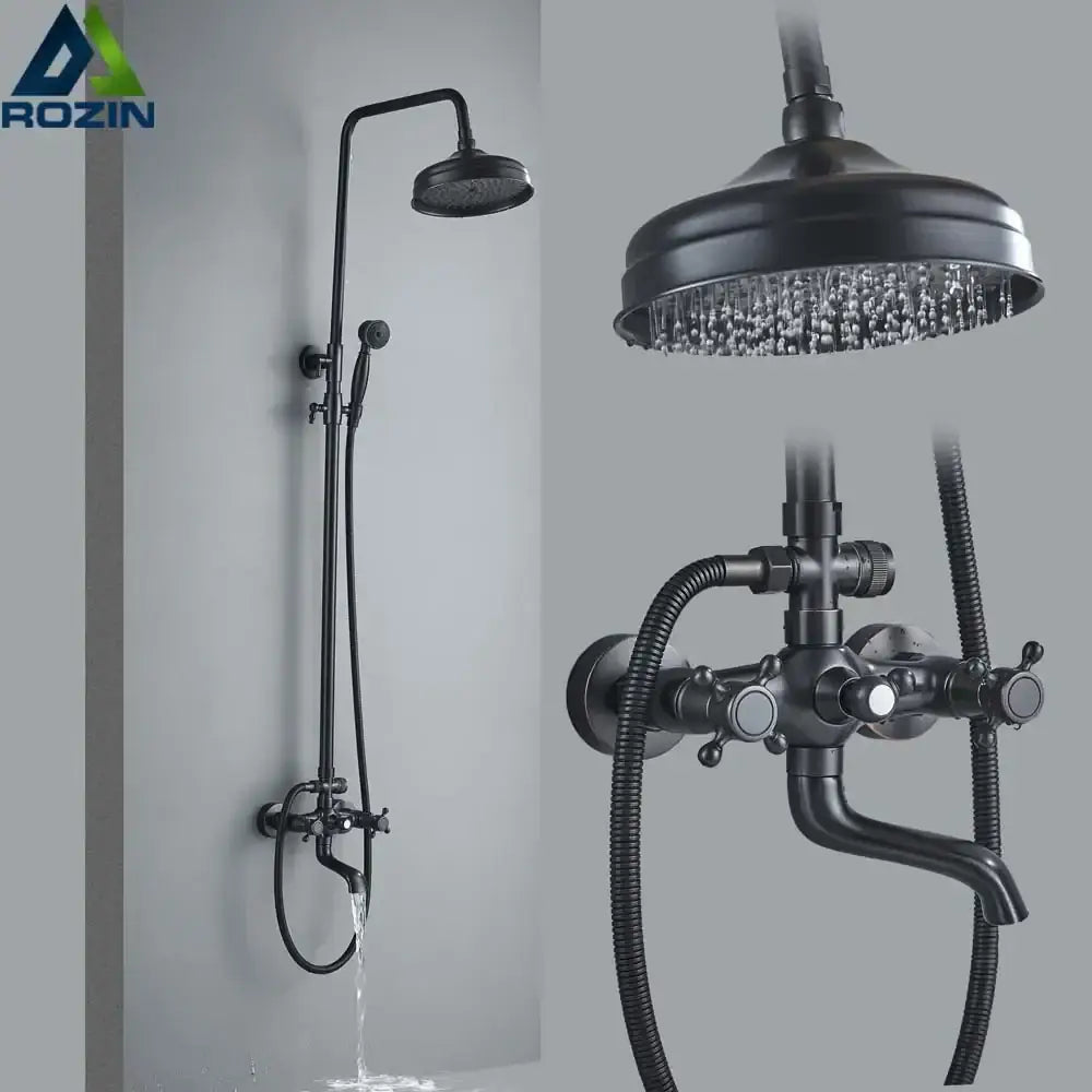 Modern black brass shower mixer faucet set with matte finish features a tall handheld sprayer and overhead rainhead