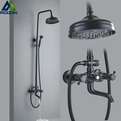 Modern black brass shower mixer faucet set with matte finish features a tall handheld sprayer and overhead rainhead