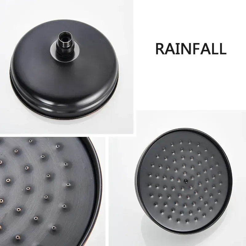 Modern black brass shower mixer faucet set featuring a matte black rainfall showerhead with multiple spray holes