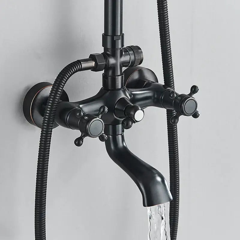 Modern black brass shower mixer faucet set with black matte finish and three cross handles with flexible hoses