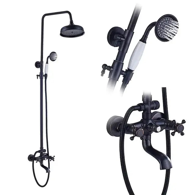 Modern black brass shower mixer faucet set with handshower featuring black matte finish and overhead rainhead
