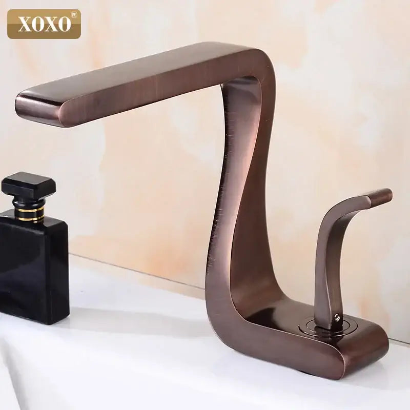 Bronze-finished decorbites black brass single handle basin faucet with sleek curved design for modern bathroom sink