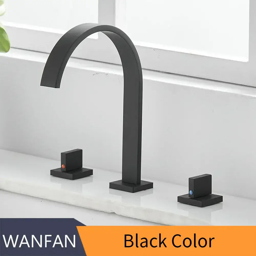 Modern black brass waterfall faucet bathroom double handle tap with black brass decorbites matte finish and square base controls