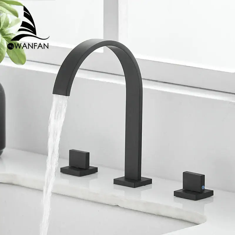 Modern black brass waterfall faucet bathroom double handle tap with black matte finish and three square handles by decorbites black brass