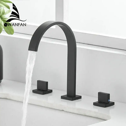 Modern black brass waterfall faucet bathroom double handle tap with black matte finish and three square handles by decorbites black brass