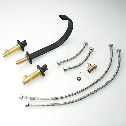 Modern black brass waterfall faucet with black matte finish, brass valve handles, and flexible braided metal hoses for bathroom decorbites black brass design