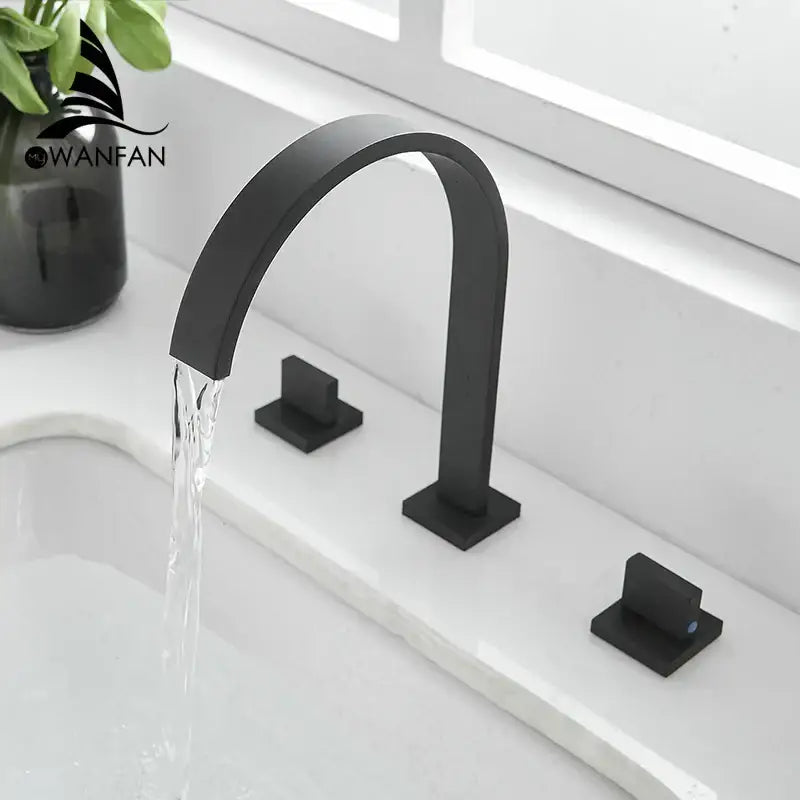 Modern black brass waterfall faucet bathroom double handle tap with black matte finish and sleek curved spout by decorbites black brass