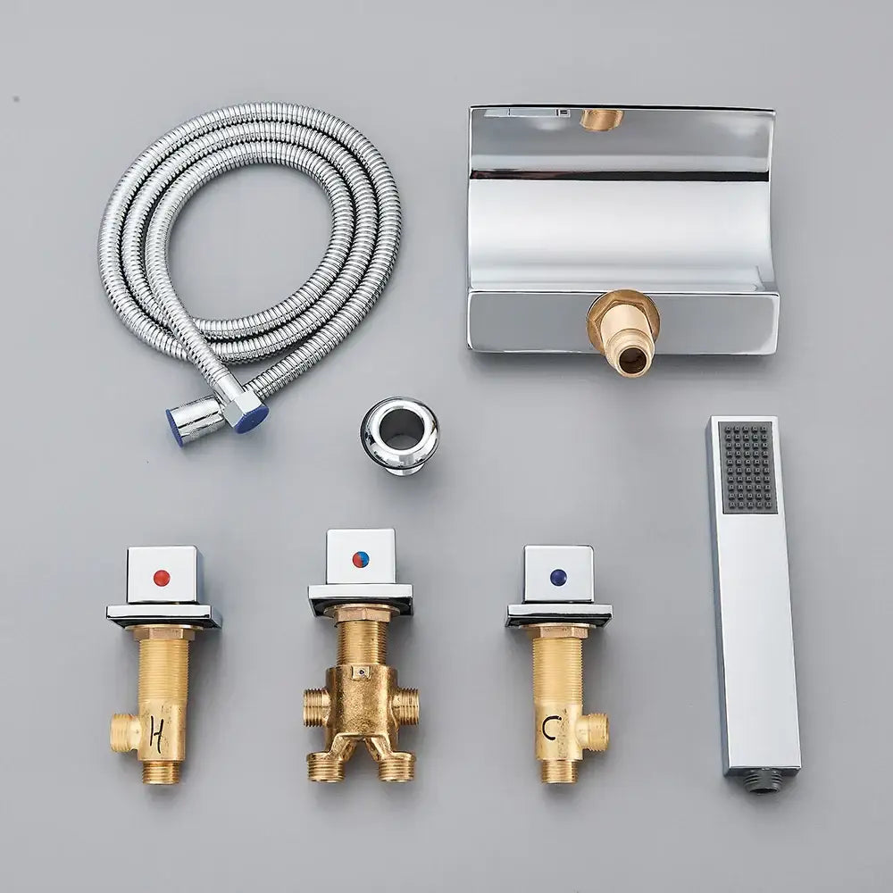 Chrome-finished rectangular wall-mounted waterfall tub faucet with brass handshower and threaded connection for bathroom use