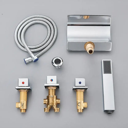 Chrome-finished rectangular wall-mounted waterfall tub faucet with brass handshower and threaded connection for bathroom use