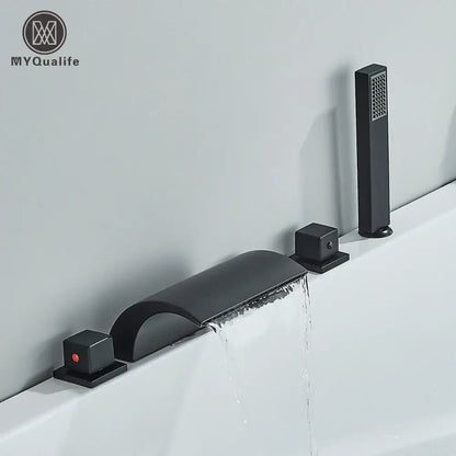 Modern black brass waterfall tub faucet by MyquaLife with matte finish square handles and tall handheld showerhead
