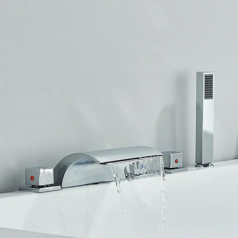 Modern black brass waterfall tub faucet with integrated handles and tall handheld showerhead for bathroom use