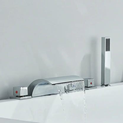 Modern black brass waterfall tub faucet with integrated handles and tall handheld showerhead for bathroom use