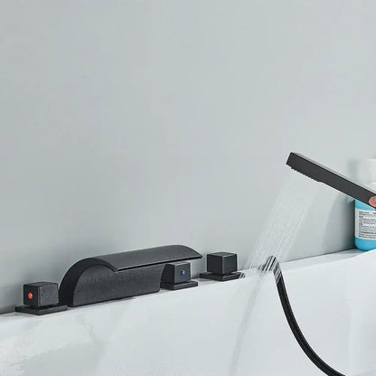 Modern black brass waterfall tub faucet with integrated controls and handheld showerhead in matte finish