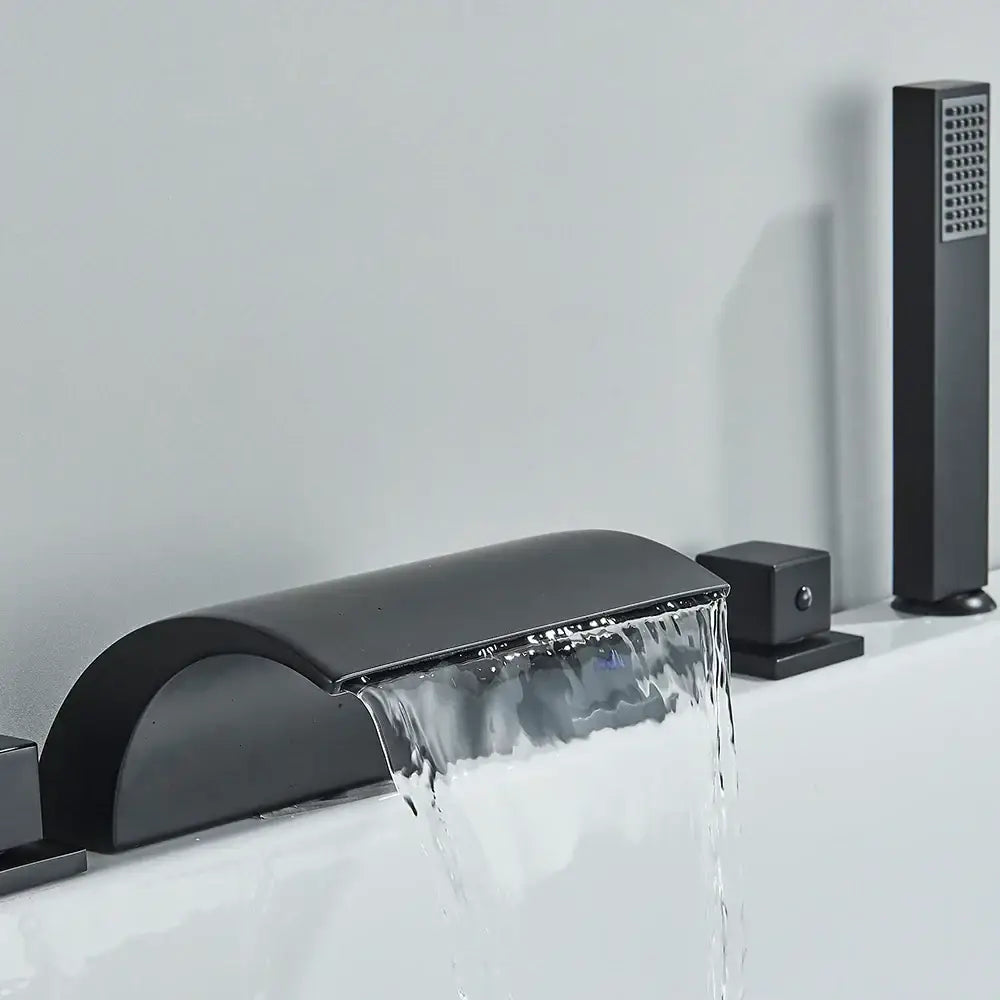 Modern black brass waterfall tub faucet with handheld shower features a black matte finish and sleek curved design tub faucet