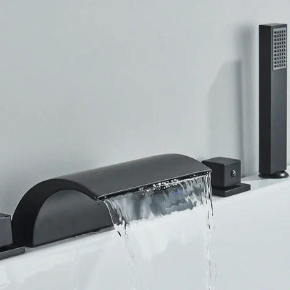 Modern black brass waterfall tub faucet with handheld shower features a black matte finish and sleek curved design tub faucet