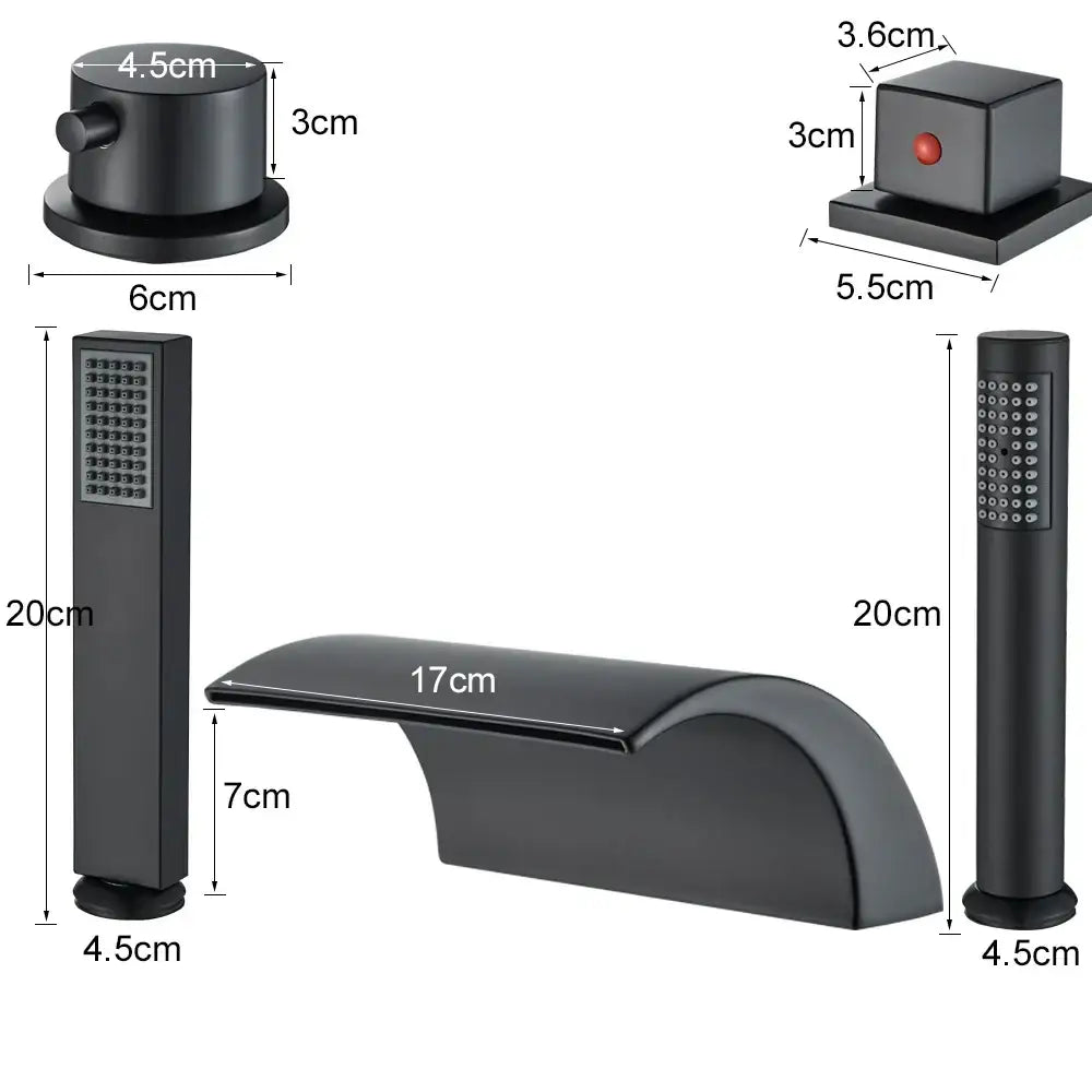 Modern black brass waterfall tub faucet set with curved spout handheld shower and wall-mounted control knob