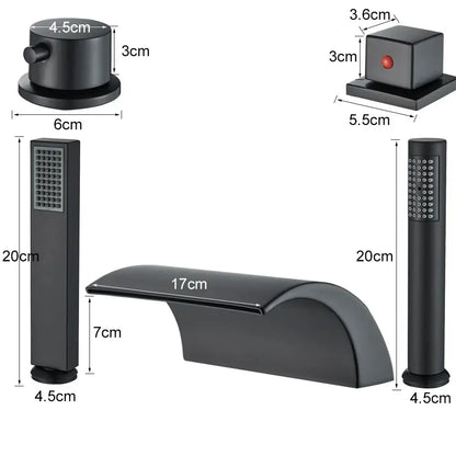 Modern black brass waterfall tub faucet set with curved spout handheld shower and wall-mounted control knob