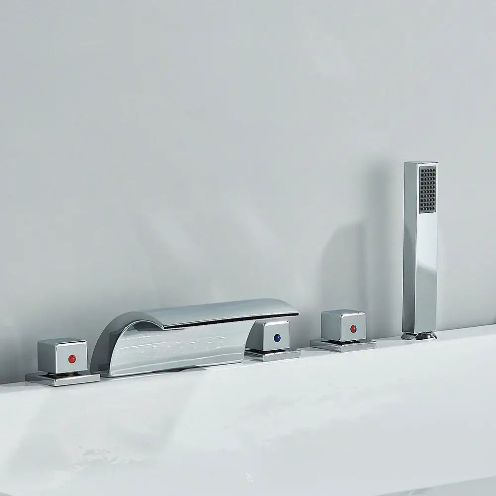 Modern black brass waterfall tub faucet with handheld shower and chrome faucet set featuring curved spout and square knobs