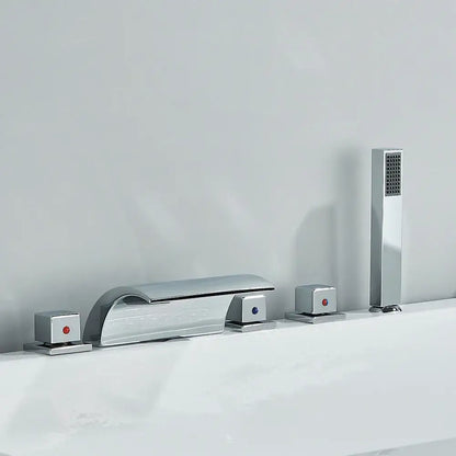 Modern black brass waterfall tub faucet with handheld shower and chrome faucet set featuring curved spout and square knobs