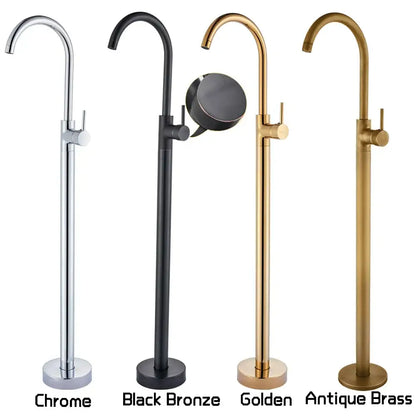Modern black bronze bath shower tub faucet with rotate spout shown with chrome bronze and antique brass finishes