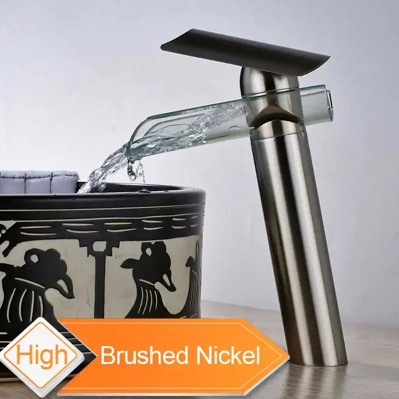 Modern black bronze glass waterfall tap bathroom countertop faucet with sleek tall spout and transparent stream