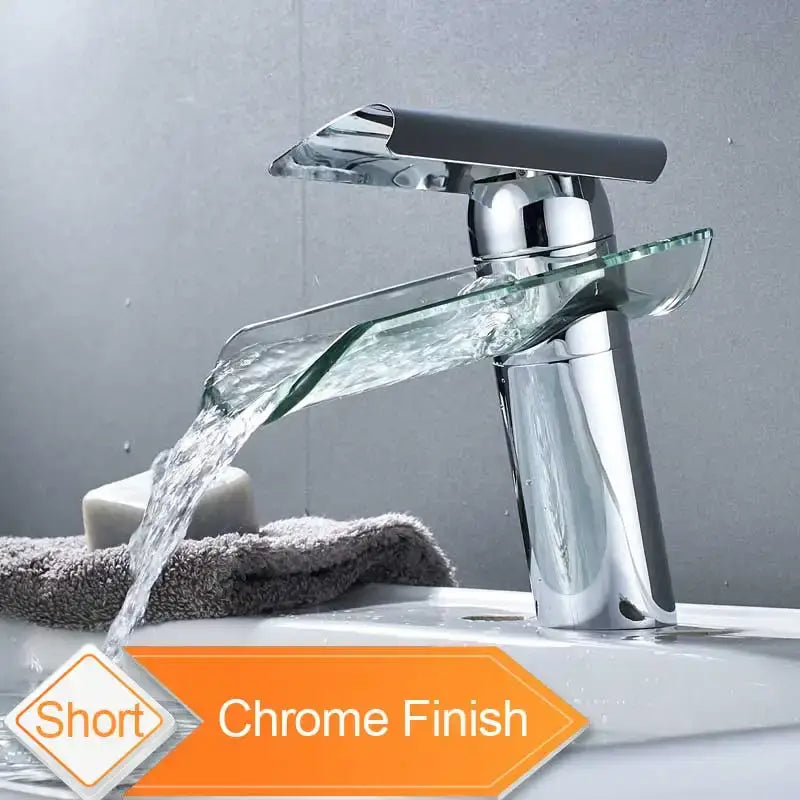 Modern black bronze glass waterfall tap with chrome-finished curved spout and black handle for bathroom countertop decorbites black bronze