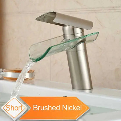 Modern black bronze glass waterfall tap bathroom countertop faucet with brushed nickel finish and curved spout design