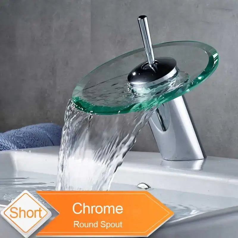 Modern black bronze glass waterfall tap with chrome finish transparent green disc and round spout for bathroom countertop use