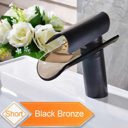 Modern black bronze glass waterfall tap bathroom countertop faucet with sleek short design and polished metallic finish